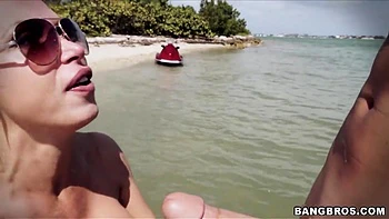 Big Tits Blonde Rides Waves and Cock at Beach