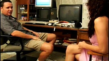 Brunette with small tits rolls her eyes on his dick