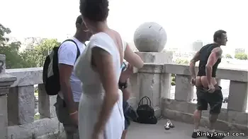 Tied huge tits slave is fucked outdoors