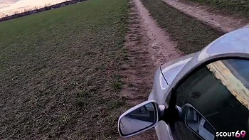 German Blonde Hitchhiker Picked Up for Risky Outdoor Car Sex POV