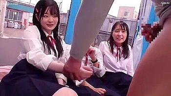 Three beautiful girls in uniform get excited when they see a man's penis and cum all over his hands.