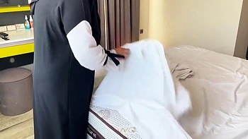 A Maid In A Hijab Was Cleaning The Room And Received A Creampie In Her Pussy From A Client And Pleasure