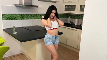 Emily Pink, sexy brunette from medellin, colombia, masturbating in the kitchen.