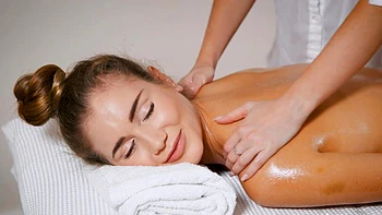 Kaisa Nord and Marchy Rock in sensual lesbian massage with oily pussy fingering.