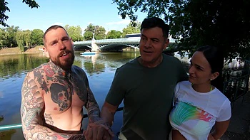 Four sexy babes and Porno Dan in a hot beach foursome