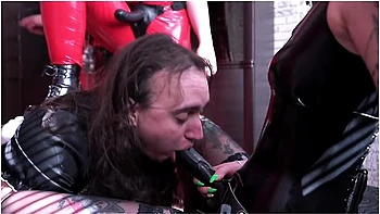 Two Dominatrix Fucked The Maid In The Mouth And Ass With Strapons. Latex Fetish