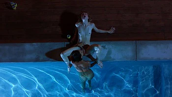 Two petite lesbians Janice Griffith and Ivy Wolfe have fun by the pool.