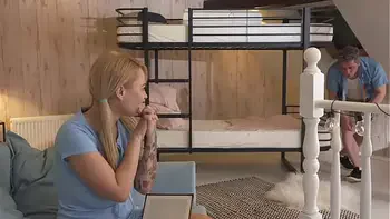 Fake Hostel - Mormon girl with tight wet pussy and big heavy tits gives in to her sexual urges and sneaky fucks a thick cock in front of her big protective until she orgasms and watches cum spray onto her massive boobs