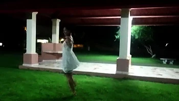 Tiny-titted Asian babe plays with herself outdoors