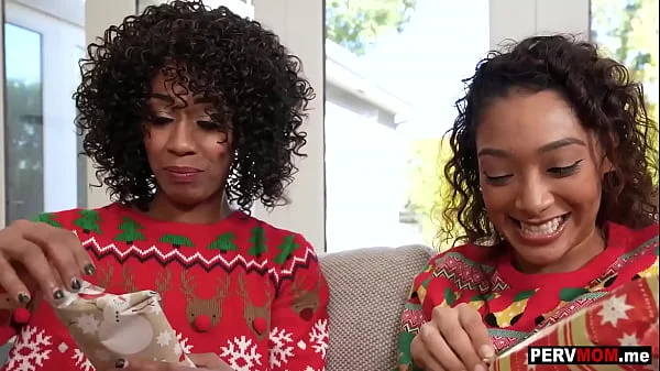 Black stepmom Misty Stone and stepdaughter Sarah Lace xmas 3some fun