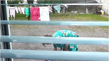 Neighbor In Bathrobe Without Panties And Bra Dries Washing Courtyard, Neighbour Watching Out Window