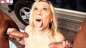 Big-boobed hottie Miranda Torri nailed by two men in the garage