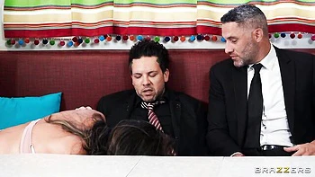 Fake-boobed brunette Reagan Foxx swallows semen after hard fuck