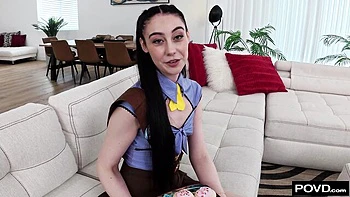 Skinny brunette Dolly Paige rides a nice big dick in POV angle