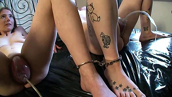 Humiliating pussy pump threesome in the bedroom