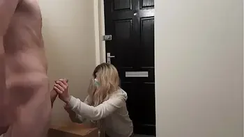 Crazy jerking off guy meets an Amazon delivery girl and she decides to help him cum