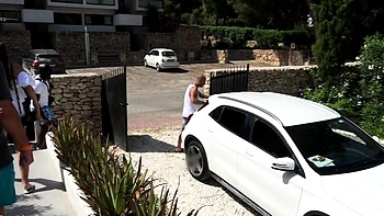 Busty curly brunette with big boobs fucks on couch