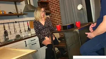 Blonde MILF step mom watches me jerk off and MASTURBATION gets a squirt in the kitchen