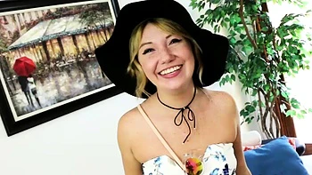 Freckled blonde fucktoy milks for first time on camera