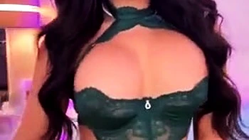 Busty curly brunette with big boobs fucks on couch