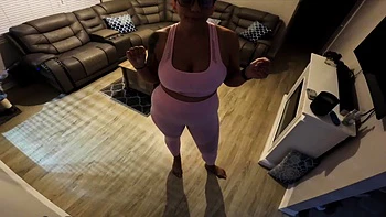 Curvy redhead MILF sucks cock and plays tits POV