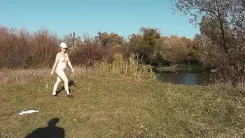 Wild beach. Nude in public. Outdoor on bank of river naked sexy mom MILF Frina learns to play badminton together with her naked lover. Outside. Nudist beach. Pussy natural tits ass Milf