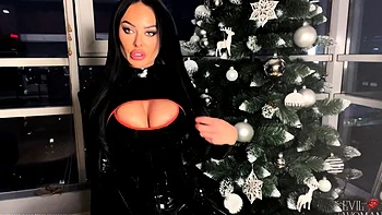 Busty curly brunette with big boobs fucks on couch