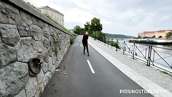 Outdoor pissing solo with a smiling hot blonde Claudia Macc