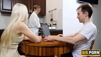 PORN. During dinner gal gives stepbro blowjob followed with sex on bed