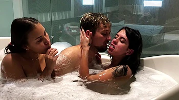 Hot Brunette July Fucked in Bathtub Threesome
