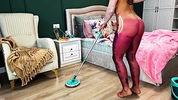 Naked Asian Babe Painted & Cleaning Fetish Solo