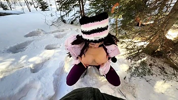 Asian Babe Fucked Doggystyle Outside in the Snow
