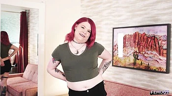 Tattooed chubby redhead tgirl fingers big ass solo