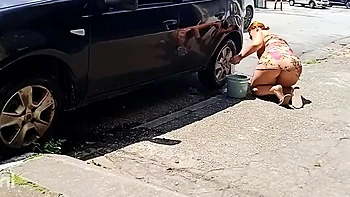 BBW Latina Twerks Washing Car on Street