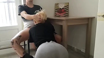 Blonde teens get slick and horny with Mark fully clothed
